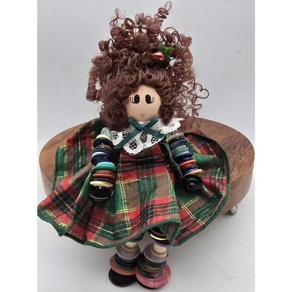 Vintage Button Shelf Sitter Christmas Brunette Girl Doll Cottage Core Country - Picture 1 of 6
